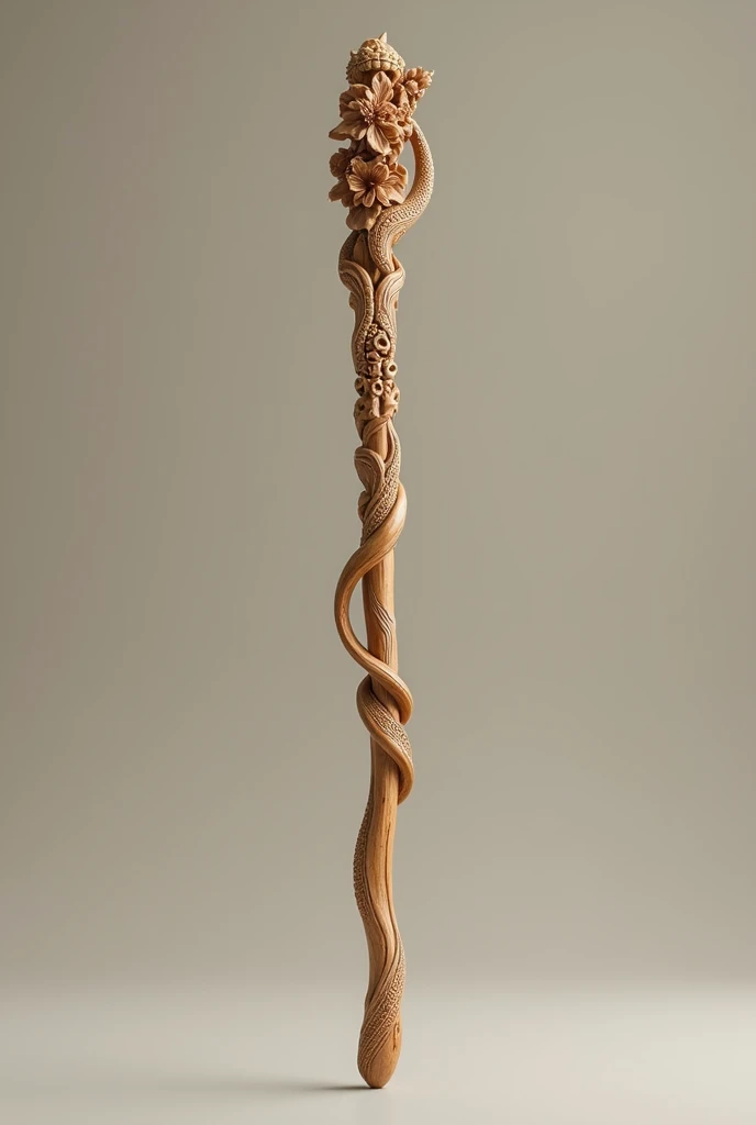A wooden wand with carved flower and snake details