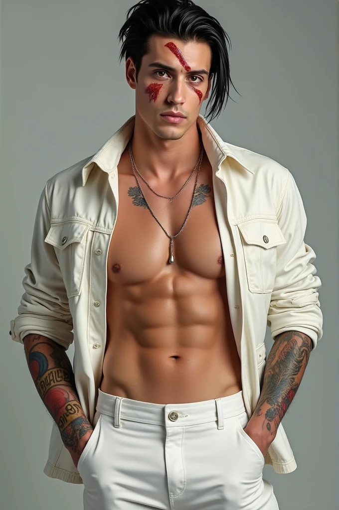 ((best quality)), ((masterpiece)), (detailed), perfect face a man with hair slicked back like those American cuts from the 80s you know, Elvis type, with an X-shaped scar on his face in the region between his eyes and black eyes with a white iris, he is standing shirtless with a white jacket on his shoulders and colorful tattoos on both forearms, and the pants are also white
