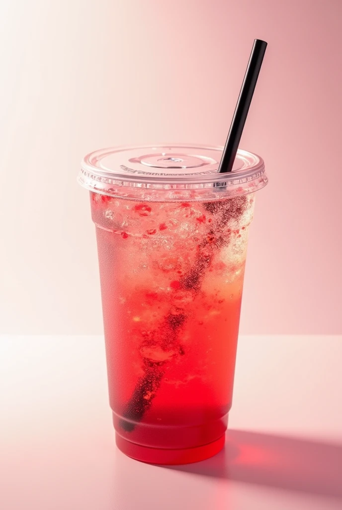 On a plastic cup that covers on a flat cover with balck straw make me a strawberry soda with a clear sparkling water on top