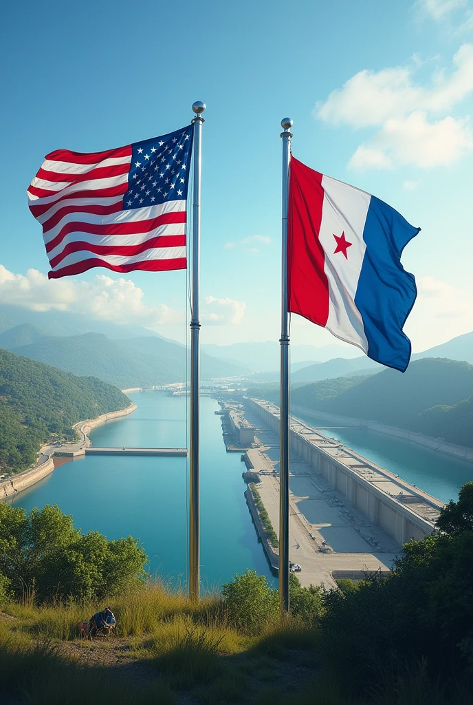 The us flag and Panama flag  with the panama canal in the background 