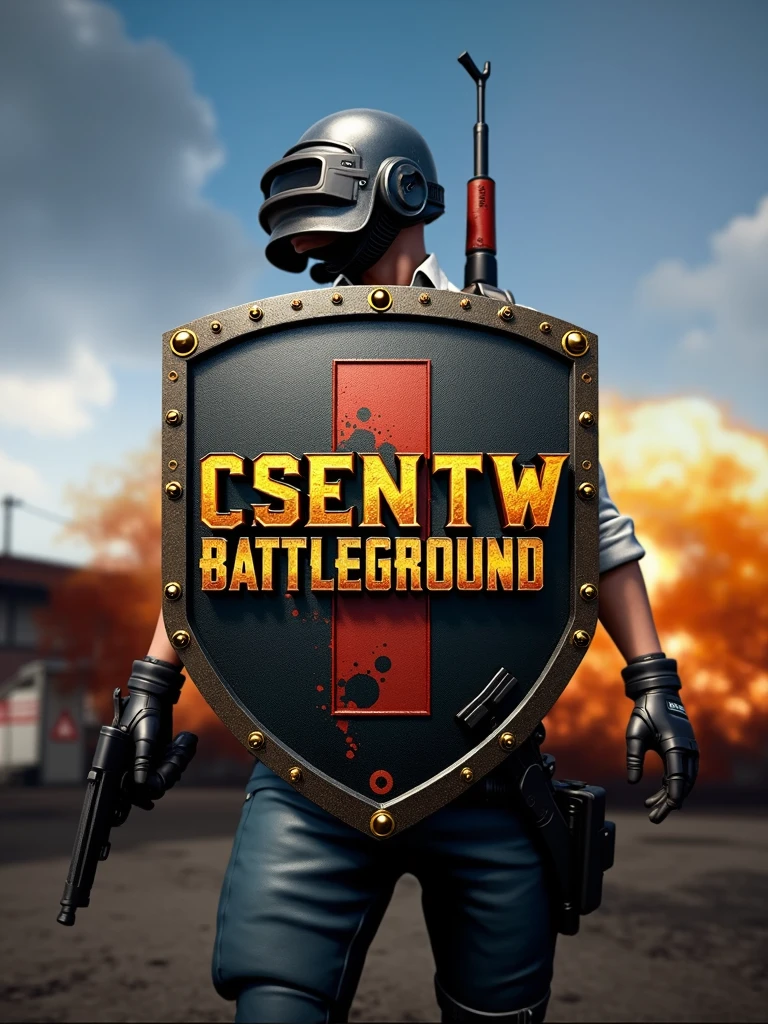 faça um logotipo inspirado no jogo PLAYER UNKNOWN BATTLEGROUND, make a landscape of the ERANGEL map, and in the foreground there was a Swiss shield, in the middle, on the first line, letters, "CSENT" In gold, on the second line "w" em black piano, on the third line "BATTLEGROUND" em black piano, and put the edges of the shield with golden details, and place a level 3 helmet on top of the shield.