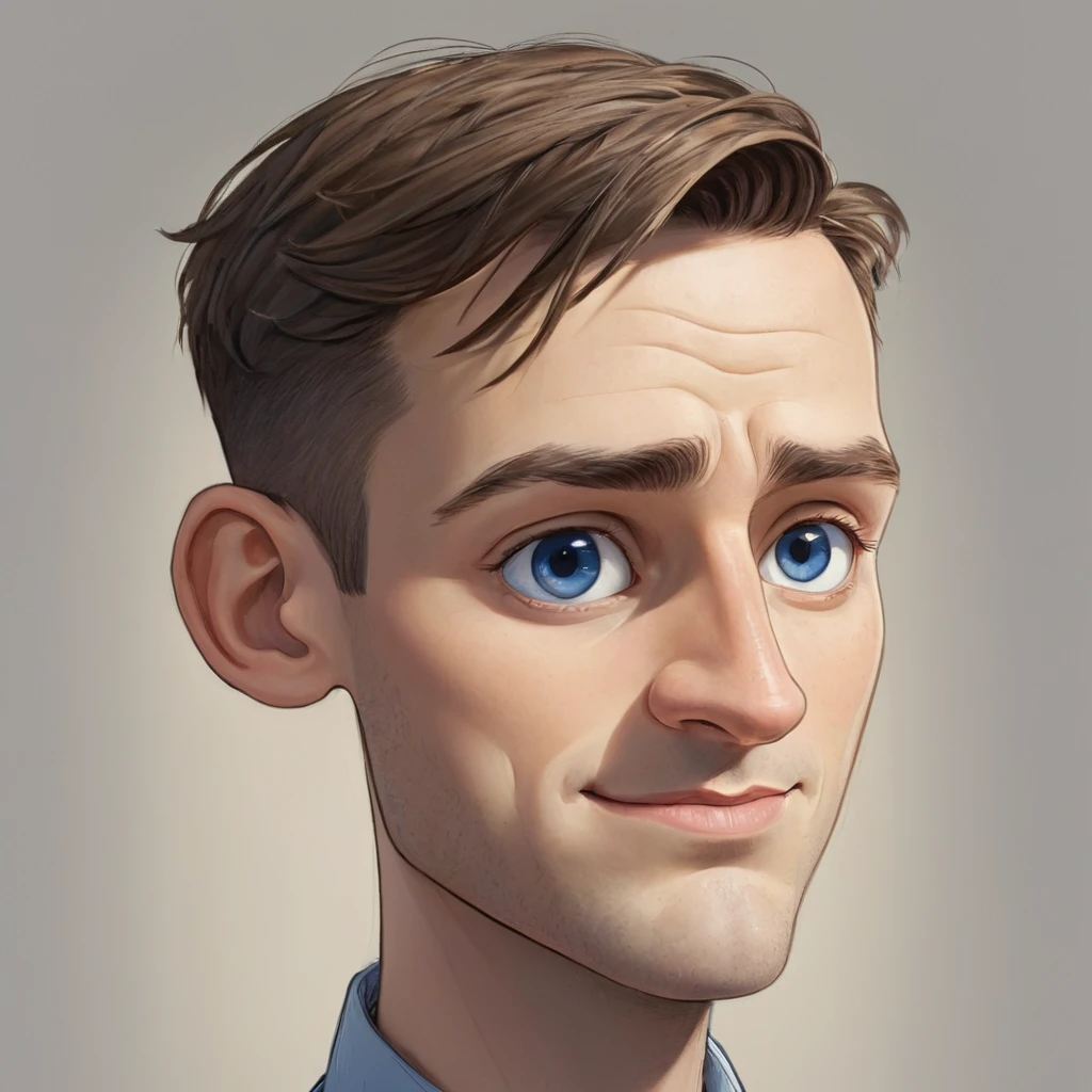cartoon drawing of a European man, very beautiful, wide chin, wide cheekbones, oval face shape, short haircut, dark blue eyes close set, nose big expressive, Broad face, aged 30-40 years, medium height in artistic style Mattias Adolfsson