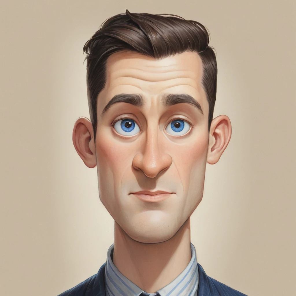 cartoon drawing of a European man, very beautiful, wide chin, wide cheekbones, oval face shape, short haircut, dark blue eyes close set, nose big expressive, Broad face, aged 30-40 years, medium height in artistic style Mattias Adolfsson