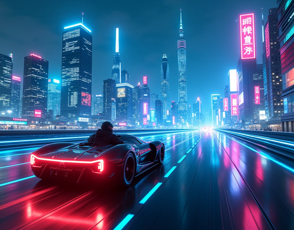 Neon City Night Drive: Electric blue neon lights, sleek skyscrapers, glowing panels, vibrant colors, a sense of speed and movement, urban cityscape.