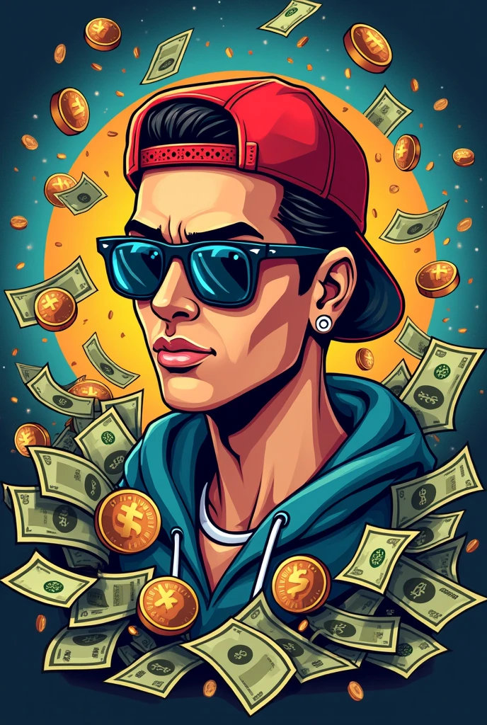 Logo of a man with sunglasses and a cap backwards with money around him and that says El Chino