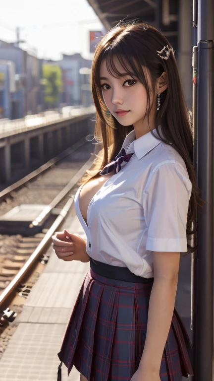 8ｋ, RAW photos, ((A very cute slender arafed asian schoolgirl in a short skirt and bow tie sitting in a crowded train)), (((Huge breasts :1.3, and droopy breasts:1.4))), (Low angle shot), (Japanese girl school uniform), (wearing Japanese school uniform), (Japanese school uniform), (hyperrealistic schoolgirl), (dressed as schoolgirl, hyperrealistic schoolgirl), wearing school uniform, realistic schoolgirl, girl wearing uniform, wearing a school uniform, of a schoolgirl posing, full entire body, nice skin, glowing skin, nice thighs, glowing thigh, glowing legs, ((in a crowded train))