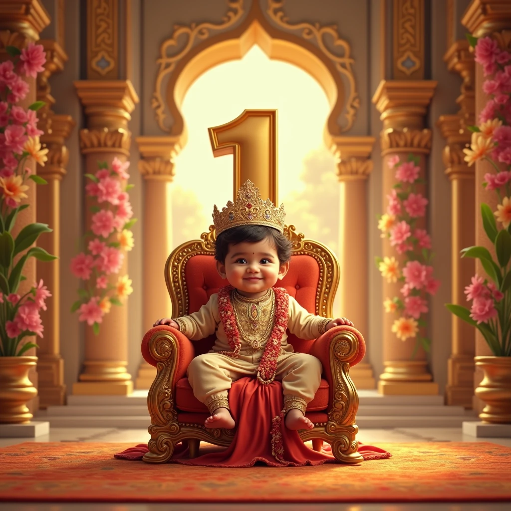 A realistic image of a cute  indian baby boy as a Princg on a throne, in very big and beautiful house and in house there are all around gold , little smile with lips closed wearing a crown and an indian royal attire and he is very very beautiful and gorgeous and behind him is a large size '1' cutout , indicating that its his first birthday. Bright, bold and colorful image, Flower garlands can be seen hanging from the palace archs, seems like a celebration time in the palace