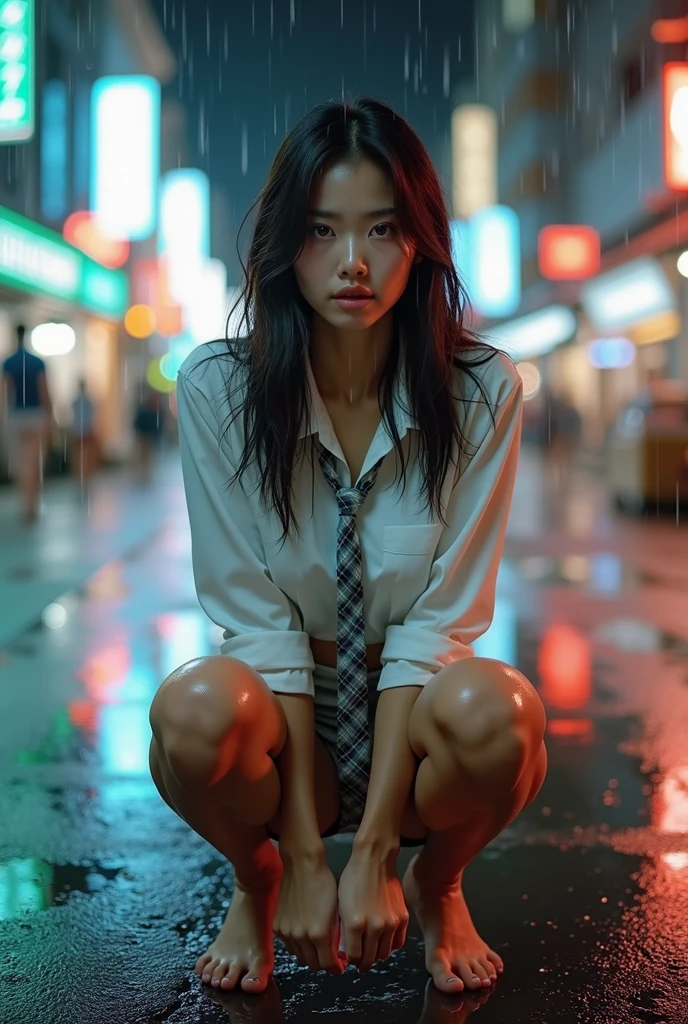 (Highest quality、8k、High resolution、masterpiece:1.ung and beautiful woman、(Correct Anatomy)、(Spread your legs and show your crotch)、(Squat)、(Excited expression)、(White shirt、A bow tie、tartan mini skirt、White panties:1.3)、(heavy rain:1.7)、(Motion Blur Effect:1.55)、(Wet body:1.55)、Busy street at night、neon、(Looking into the camera)、