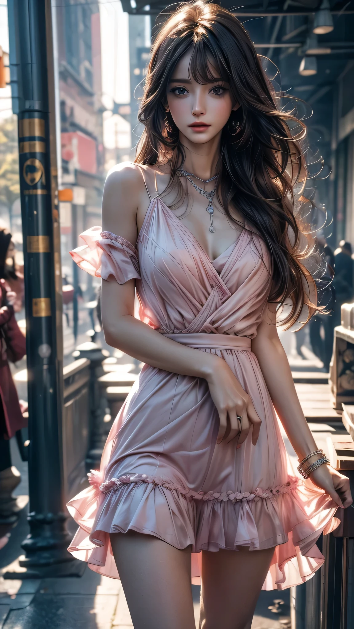 best quality, masterpiece, Ultra-high resolution, Reality, portrait, elegant adult woman, blue eyes, long hair, side bangs, Pink skirt, Transparent dress, 4K resolution, High quality CG, feminine pose, Fair