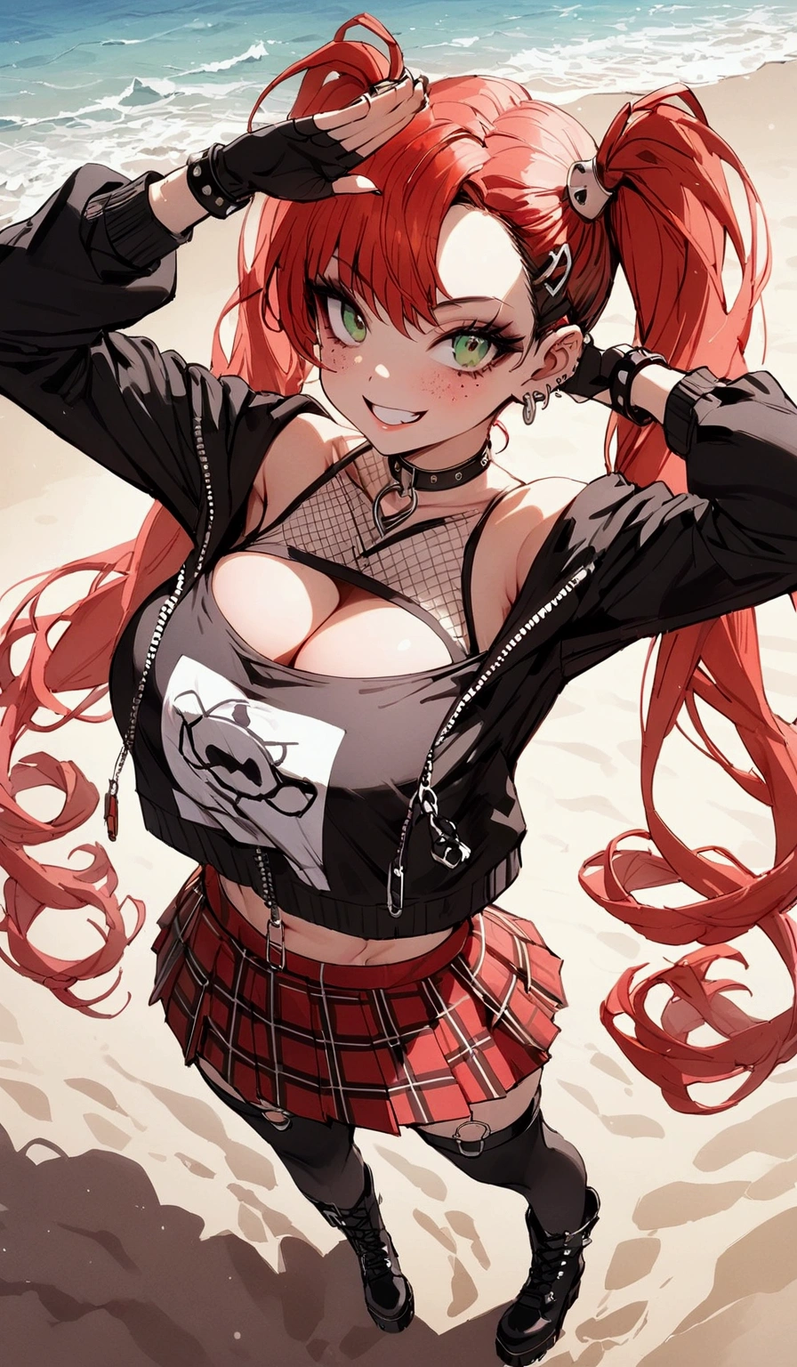 woman, grin, curly red hair in pig tails, green eyes, black eyeshadow, wearing crop top black shirt, black oversized zip up hoodie, red plaid skirt, black knee high boots, black fingerless gloves, exposed shoulders, large breasts, freckles, abs, cleavage, looking up at viewer, masterpiece, best quality, Holo-Punk Style, saluting, at the beach, make up, eyelashes, fish net undershirt, fish net stockings, (full body)