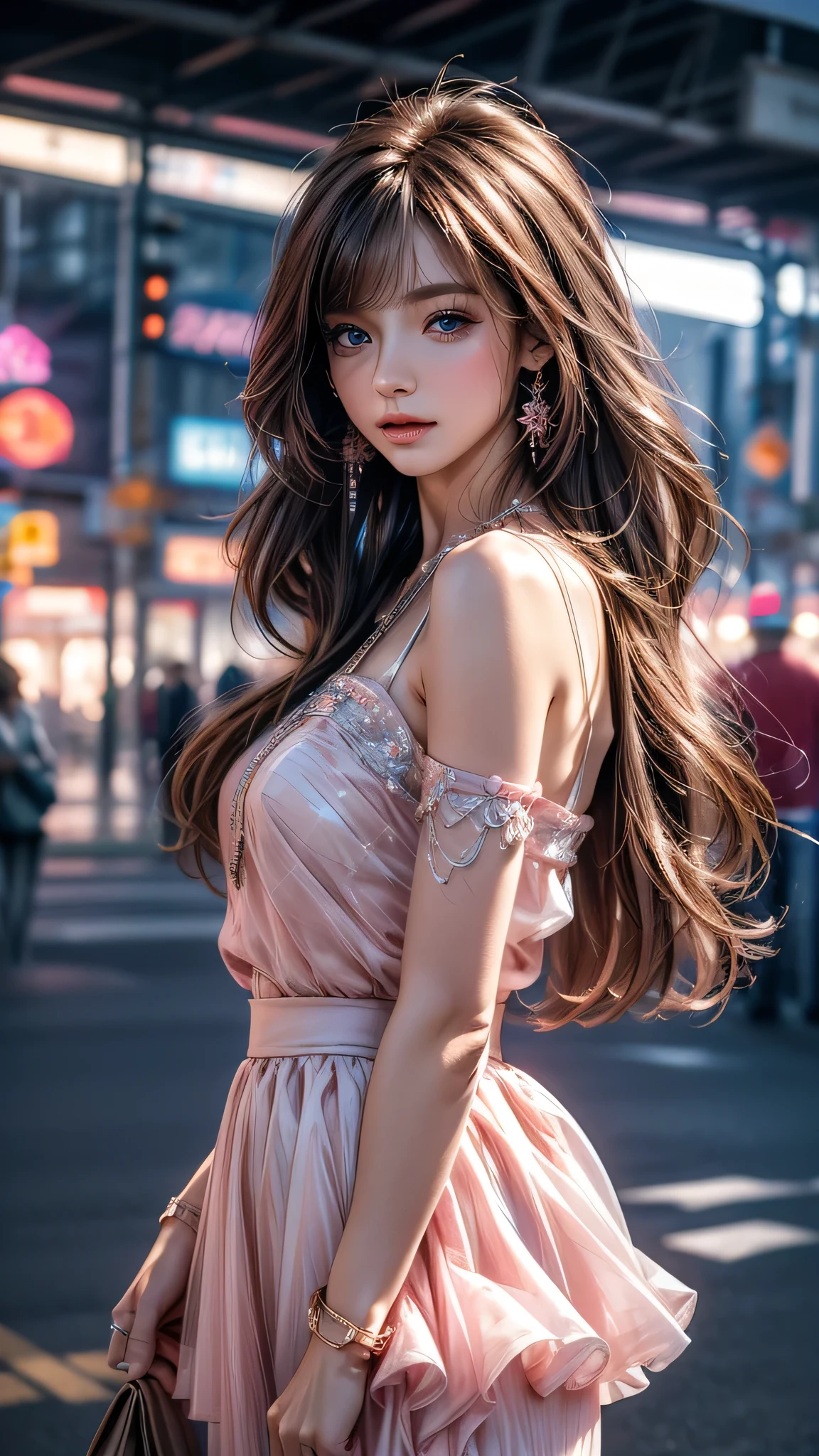 best quality, masterpiece, Ultra-high resolution, Reality, portrait, elegant adult woman, blue eyes, long hair, side bangs, Pink skirt, Transparent dress, 4K resolution, High quality CG, feminine pose, Fair