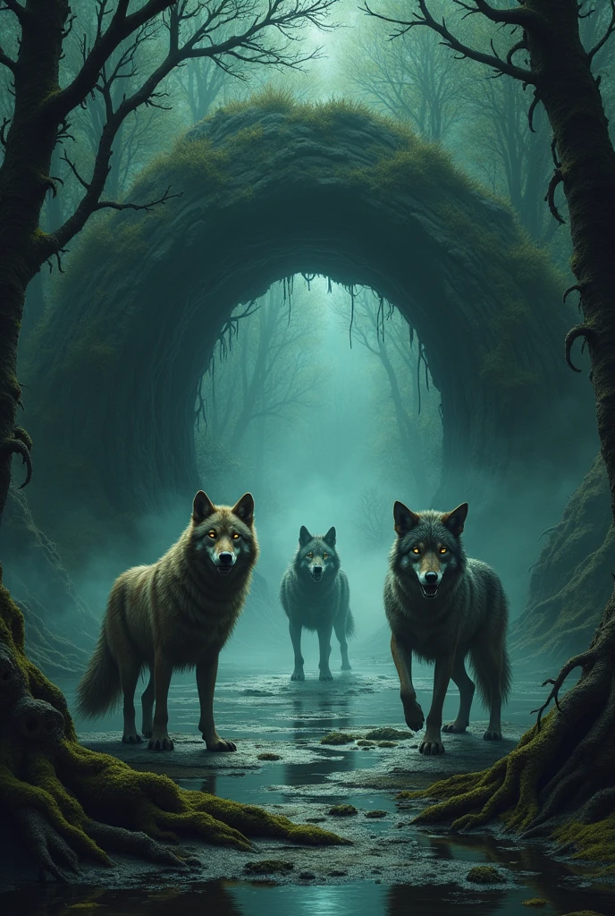 create an image of a cave in a swamp, guarded and protected by wolves where there is a portal to the spiritual world


