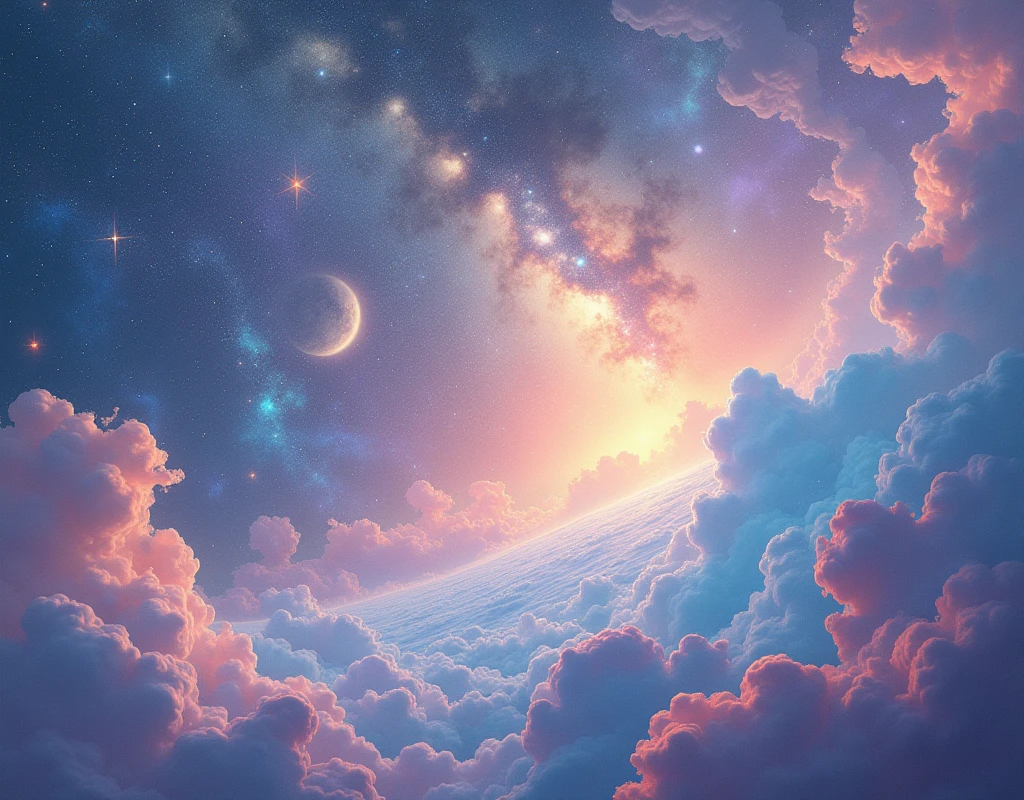 Celestial Tapestry: Soft pastel hues, intricate star patterns, swirling galaxies, ethereal glow, iridescent textures, dreamlike atmosphere.