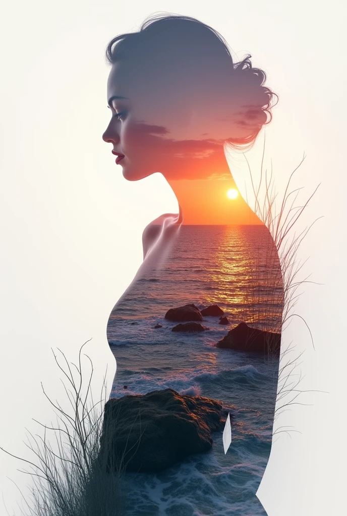 high quality, 8K Ultra HD, A beautiful double exposure that combines an goddess silhouette with sunset coast, sunset coast should serve as the underlying backdrop, with its details incorporated into the goddess , crisp lines, The background is monochrome, sharp focus, double exposure, by yukisakura, awesome full color,