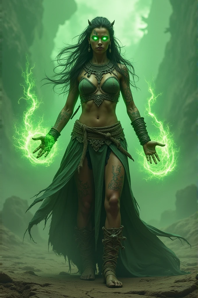 Ancient Warrior Woman with glowing green eyes using magic 