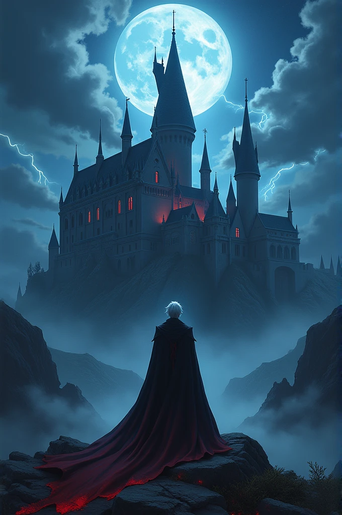 Wallpaper of a gothic anime castle, a vampire in front of him with lightning behind those castles,