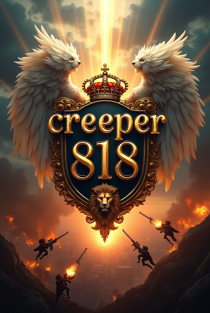 Luxury letters " CREEPER 818 " WITH A LION AND A CRONW ON IT ". Heaven and earth behind it with. "Angels and Demons fights with guns and Los Angeles city is burning. 