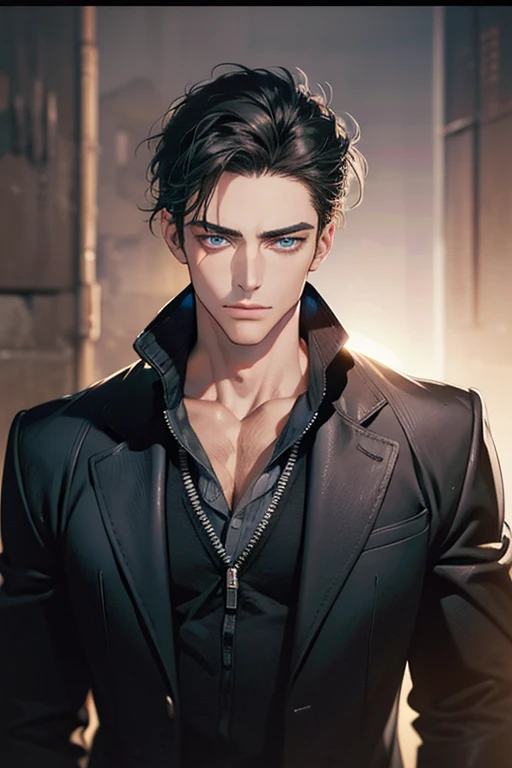 (Best Quality,4k,8k,high resolution,Masterpiece:1.2),ultra detailed,(realist,photorealist,photo-realist:1.37),1 man,31 years,mature man,muscular,square jaw,very handsome,without expresion,short gray black hair,hairstyle,Blue eyes,glare,perfect face without mistakes,imposing posture,collar jacket,leather jacket,dark background,cinematic lighting,imagen HDR