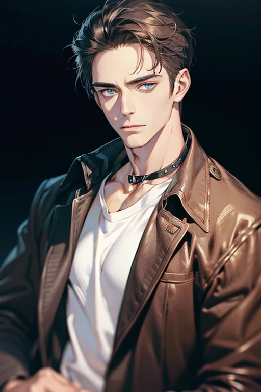 (Best Quality,4k,8k,high resolution,Masterpiece:1.2),ultra detailed,(realist,photorealist,photo-realist:1.37),1 man,31 years,mature man,muscular,square jaw,very handsome,without expresion,short gray black hair,hairstyle,Blue eyes,glare,perfect face without mistakes,imposing posture,collar jacket,leather jacket,dark background,cinematic lighting,imagen HDR