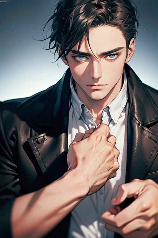 (Best Quality,4k,8k,high resolution,Masterpiece:1.2),ultra detailed,(realist,photorealist,photo-realist:1.37),1 man,31 years,mature man,muscular,square jaw,very handsome,without expresion,short gray black hair,hairstyle,Blue eyes,glare,perfect face without mistakes,imposing posture,collar jacket,leather jacket,dark background,cinematic lighting,imagen HDR