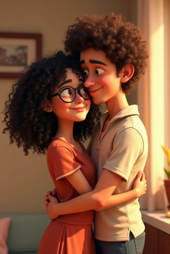 Make a Pixar-style image, of a woman with black curly hair, with her hair above her shoulder, wearing glasses, hugging a man with brown curly hair, with thick eyebrows, both have white skin and the man is taller than the woman