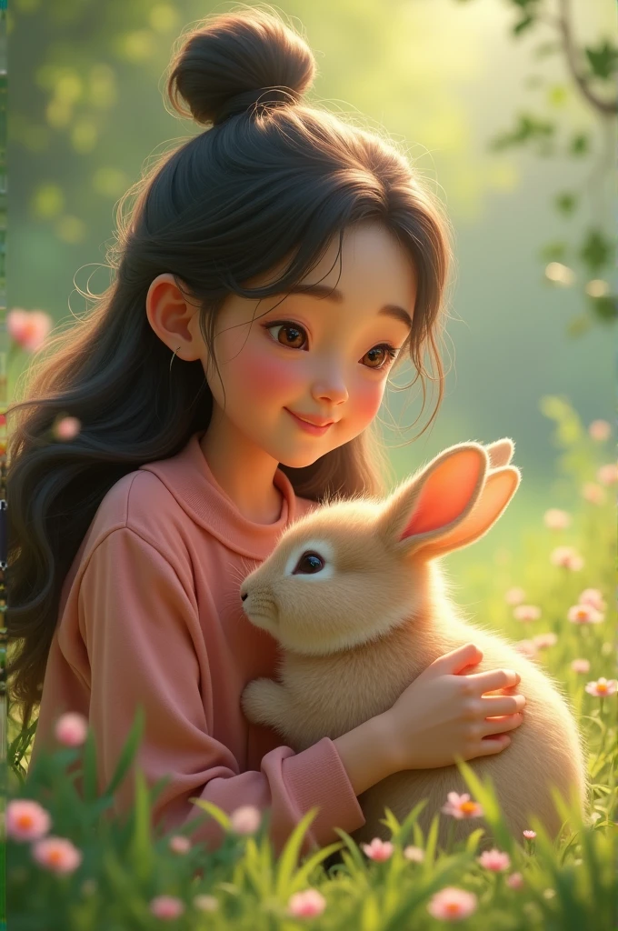 Maryam looking affectionately at the rabbit and inviting it to play