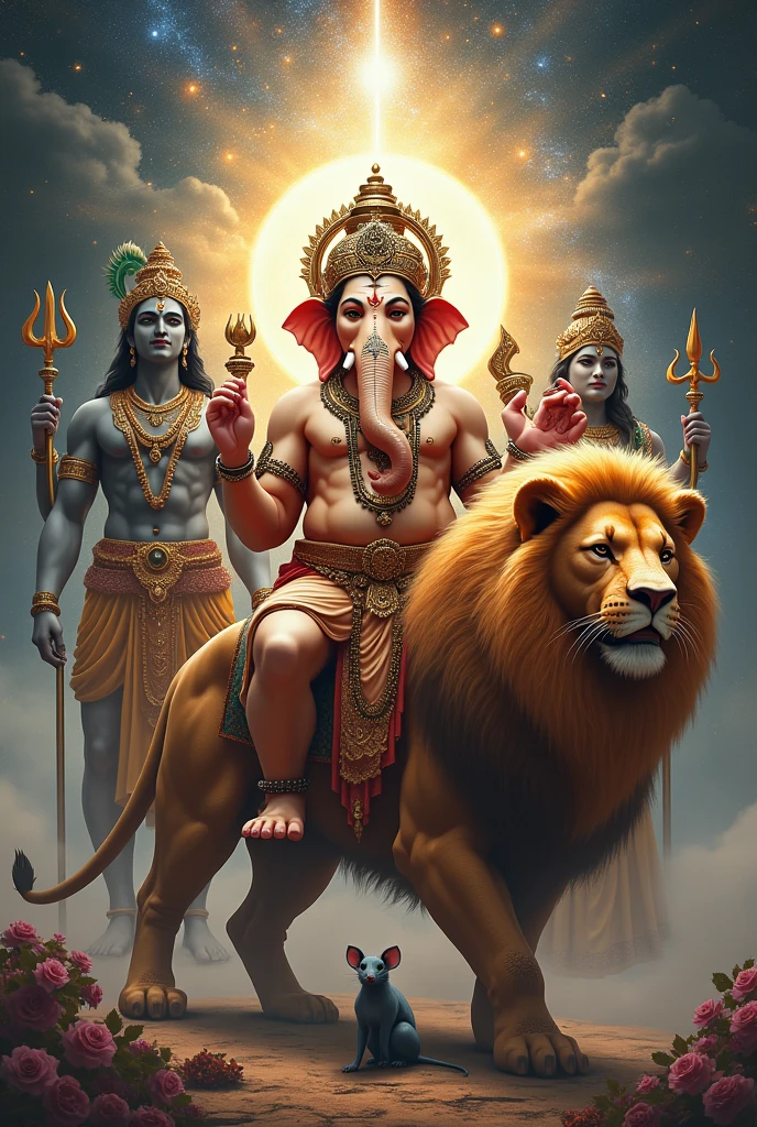 Seated on a lion Lord Ganesh with lord Shiva and lord Shakti, leg near rat