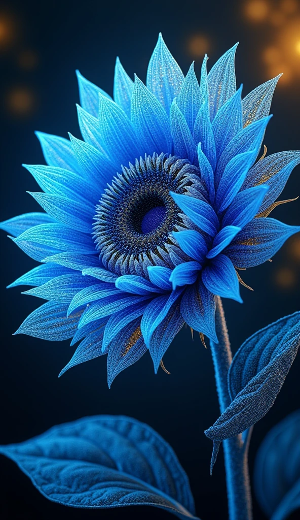 a blue abstract sun flower with lights, in the style of kinetic lines and curves, light black and yellow, schlieren photography, dotted, trompe-l'œil illusionistic detail, sparklecore, commercial imagery