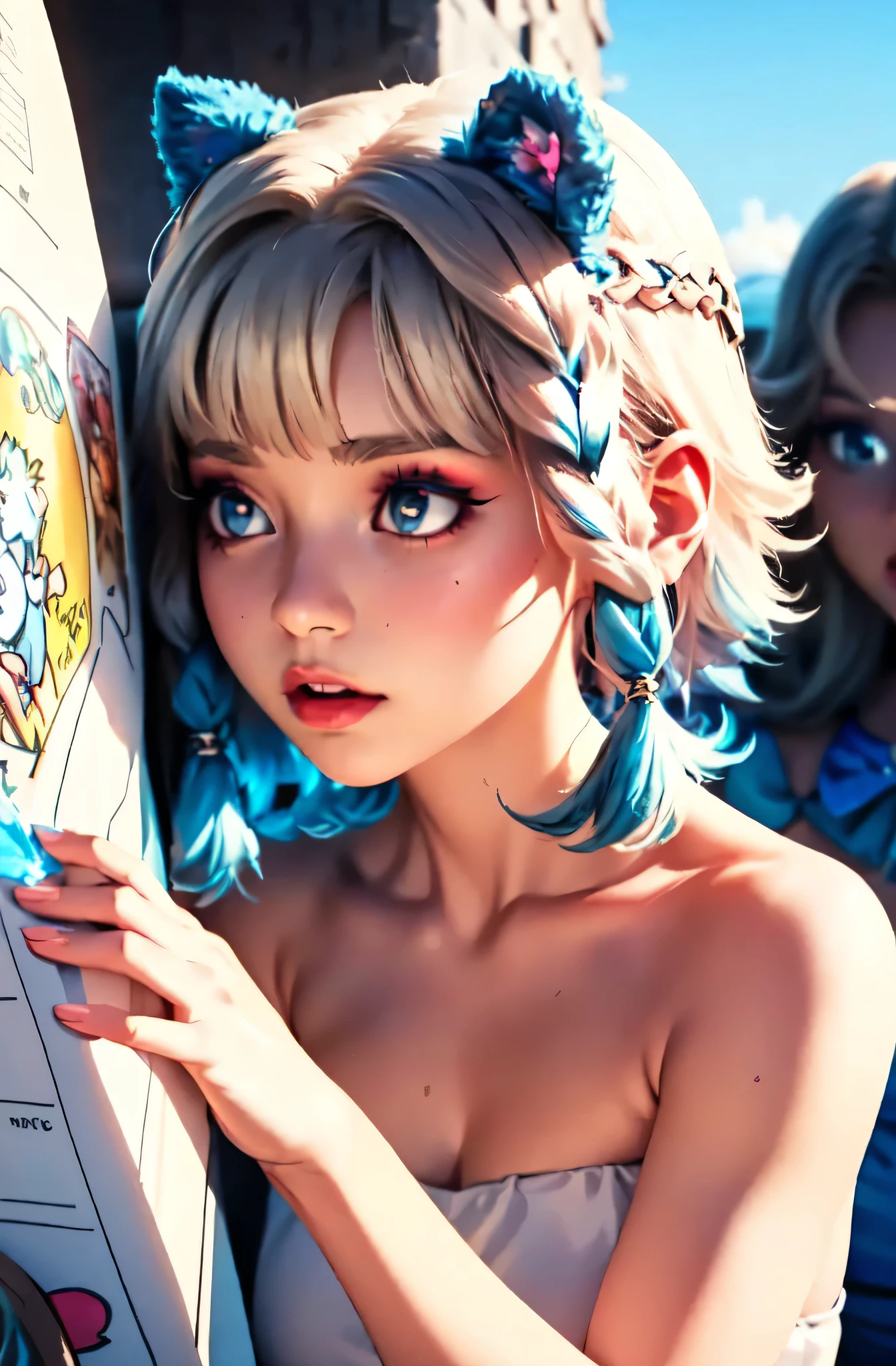 front，comics，illustration，，big eyes，crystal clear，（(blue hair))，extra long hair：1.7），Exquisite makeup，Shut up，（Little fresh：1.5），（Tube Top：1.6)