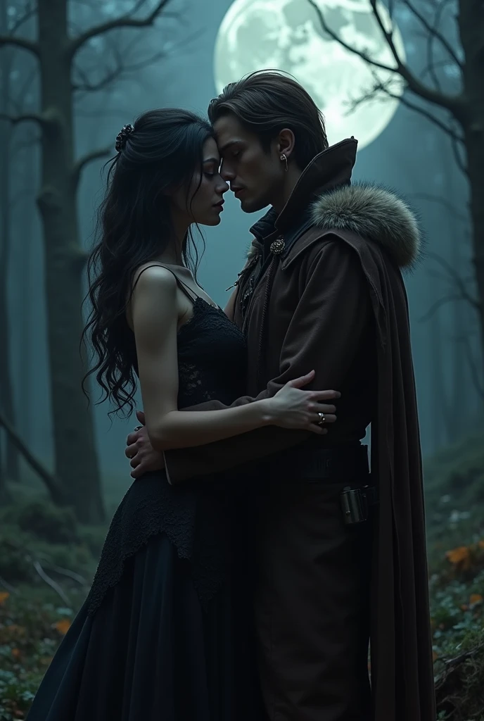 A nighttime couple where a vampire and a human hunter are loving each other. the vampire with an elegant and beautiful outfit, the human hunter with clothes similar to the style of the protagonists of the French film "Pact with wolves).