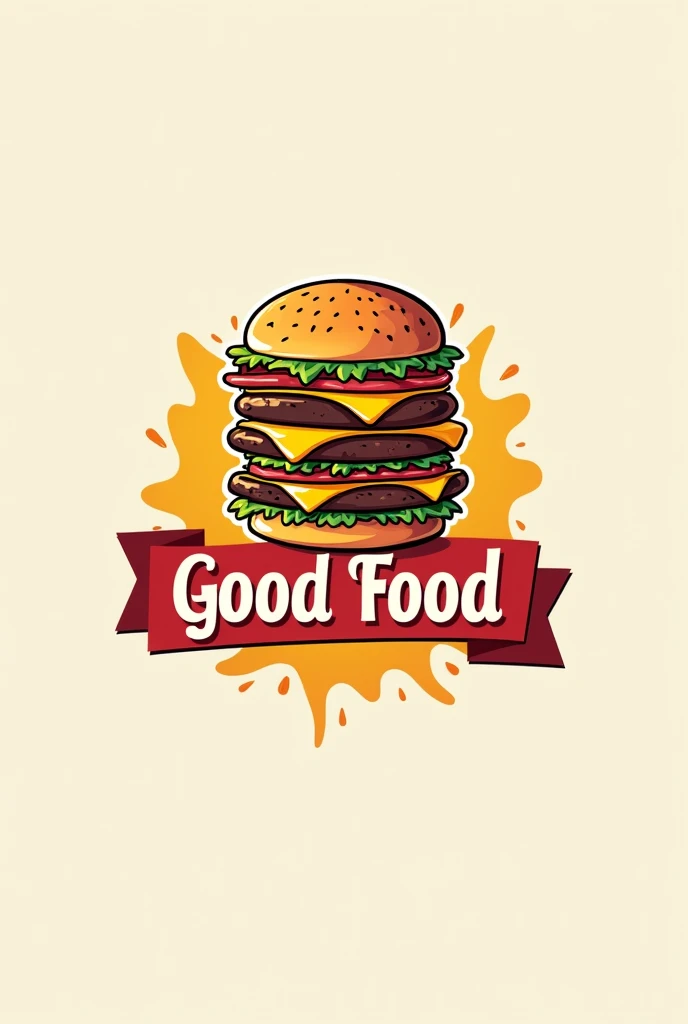 A logo for my company that is dedicated to fast food and whose main character is a very striking hamburger that has many things and its name is good food.