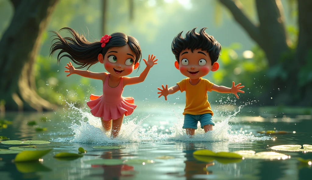 Playing in the Swamp:

Scene: Lily and Alui having fun.
Visuals: Depict them splashing in the water, with Lily laughing and Alui playfully chasing her. Include dynamic water splashes and joyful expressions on both characters.