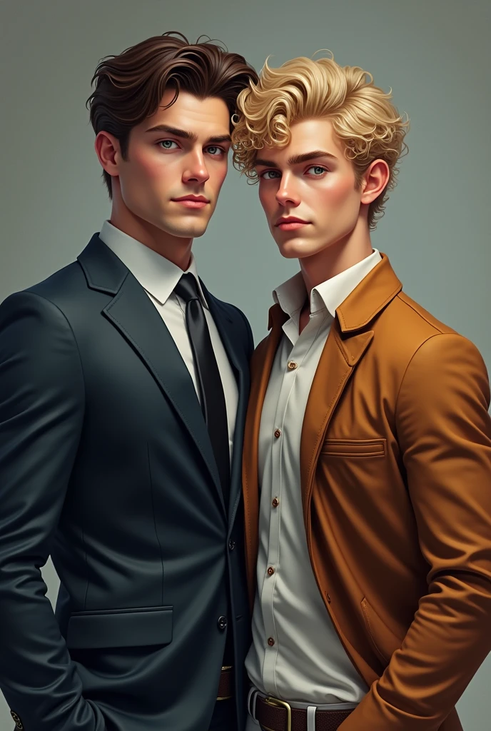 Homosexual couple: 25 year old man with dark brown hair, grey eyes, white skin and a business suit , Muscular body Young man 1 curly blond hair and sky blue eyes, curvy body and loose clothing 