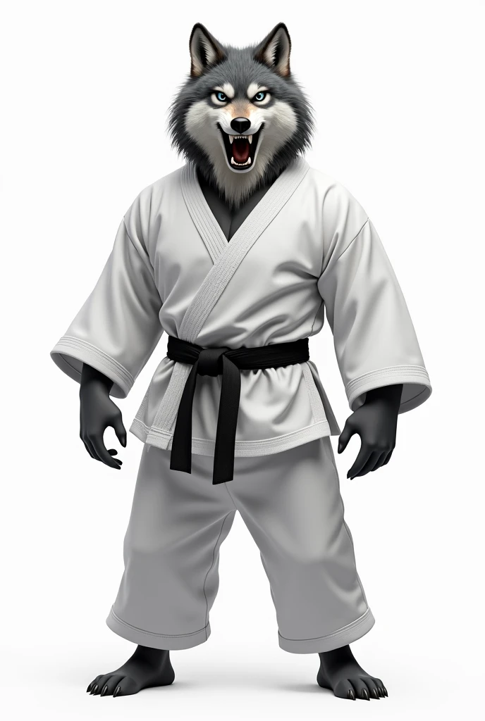 wolf in karate costume on white background