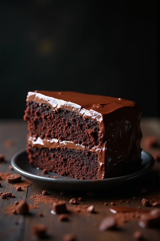 cinematic film still chocolate, chocolate cake, dark background, quality photo, moist texture, frosting, studio photo, slice . shallow depth of field, vignette, highly detailed, high budget, bokeh, cinemascope, moody, epic, gorgeous, film grain, grainy