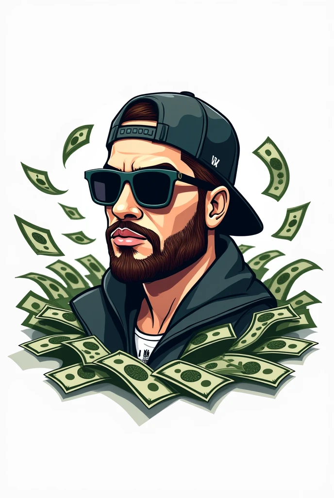 Logo of a man with sunglasses and a cap backwards with money around him that is white
