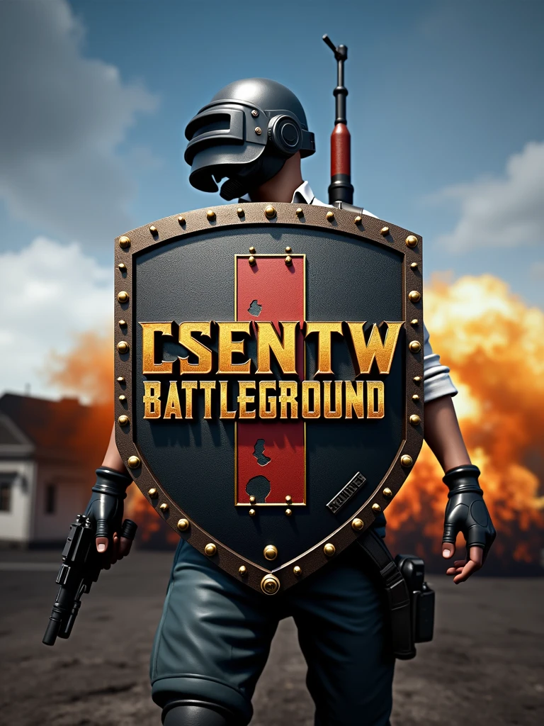 faça um logotipo inspirado no jogo PLAYER UNKNOWN BATTLEGROUND, make a landscape of the ERANGEL map, and in the foreground there was a Swiss shield, in the middle, on the first line, letters, "CSENT" In gold, on the second line "w" em black piano, on the third line "BATTLEGROUND" em black piano, and put the edges of the shield with golden details, and place a level 3 helmet on top of the shield.