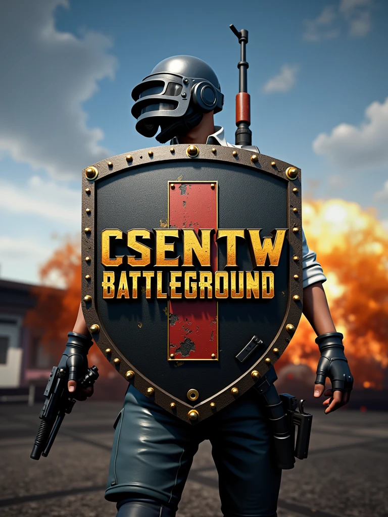 faça um logotipo inspirado no jogo PLAYER UNKNOWN BATTLEGROUND, make a landscape of the ERANGEL map, and in the foreground there was a Swiss shield, in the middle, on the first line, letters, "CSENT" In gold, on the second line "w" em black piano, on the third line "BATTLEGROUND" em black piano, and put the edges of the shield with golden details, and place a level 3 helmet on top of the shield.