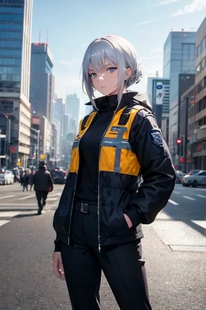 A young woman with fair skin and short, straight silver-gray hair stands confidently on a bustling modern city street. She has large blue eyes filled with energy and determination. She wears a dark blue police uniform, including a fitted jacket and pants, with an orange safety vest over the jacket. The background features tall glass and metal buildings reflecting sunlight, with a busy street filled with cars and pedestrians. The atmosphere is vibrant and full of life, capturing the energy of the city.