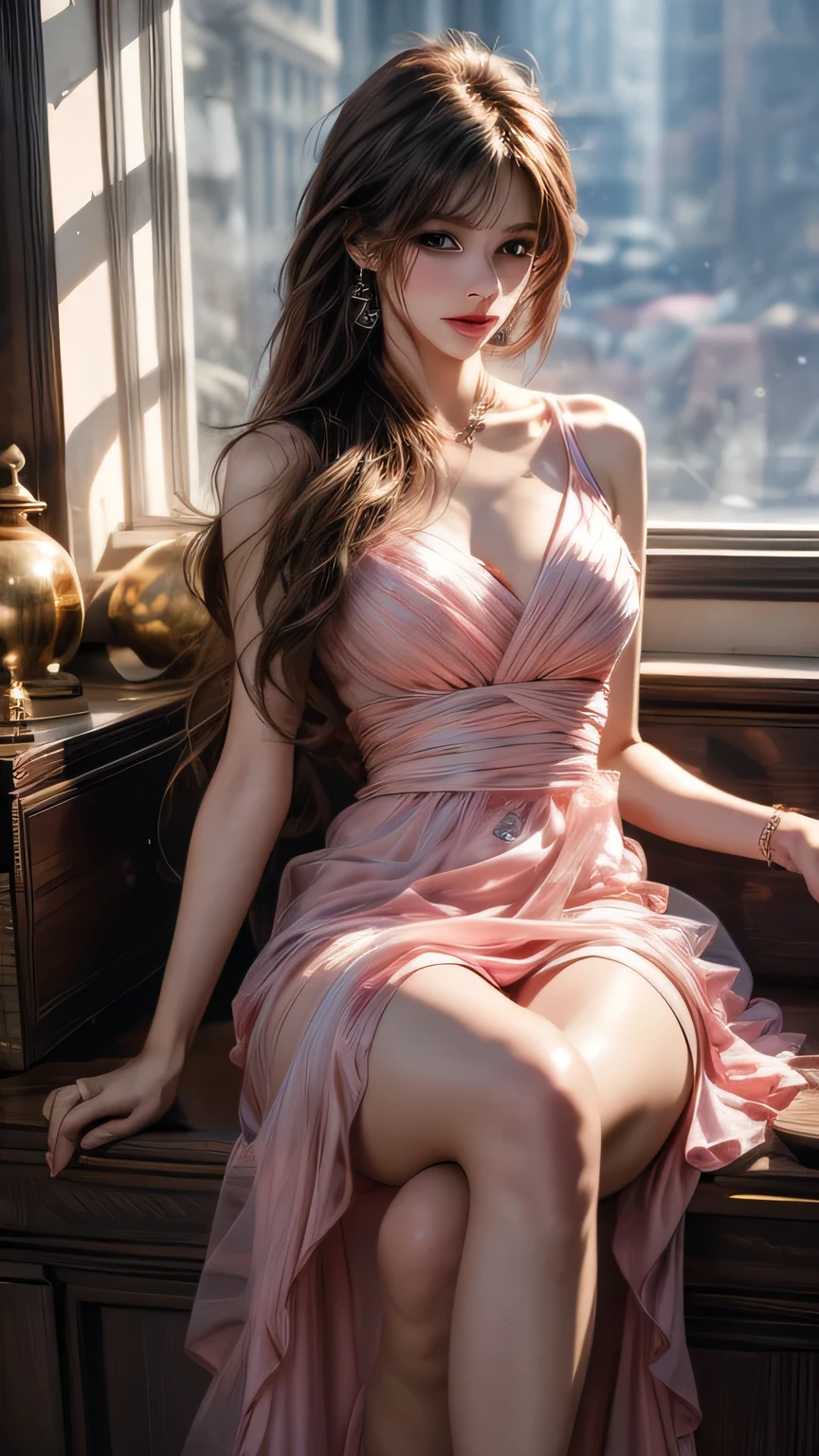 Highest quality、masterpiece、Ultra-high resolution、reality、Portrait、Elegant mature woman、blue eyes、Long Hair、Side bangs、(Translucent pink dress)、4K resolution、High-quality CG、Feminine pose、Fair