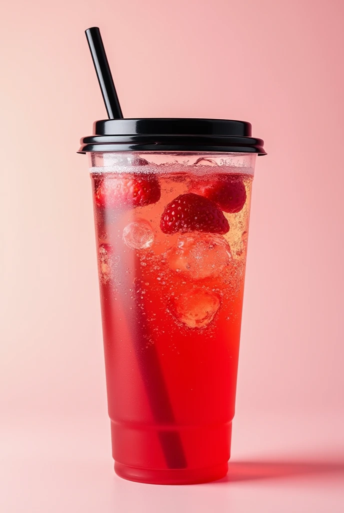 On a plastic cup that covers on a flat cover with black straw make me a strawberry soda with a clear sparkling soda on top that almost cover the color of strawberry