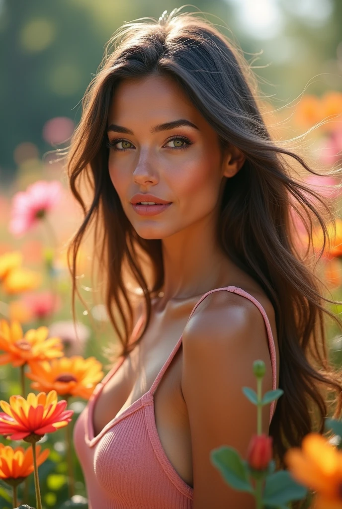 (best quality,ultra-detailed,realistic:1.37),vivid colors,professional,beautiful detailed eyes,beautiful detailed lips,long eyelashes,confident expression,slightly tanned skin,natural makeup,standing in a blooming flower garden,colorful flowers surrounding her,soft daylight illuminating her,gentle breeze blowing her hair,flawless complexion,graceful posture,sensual aura,alluring smile]