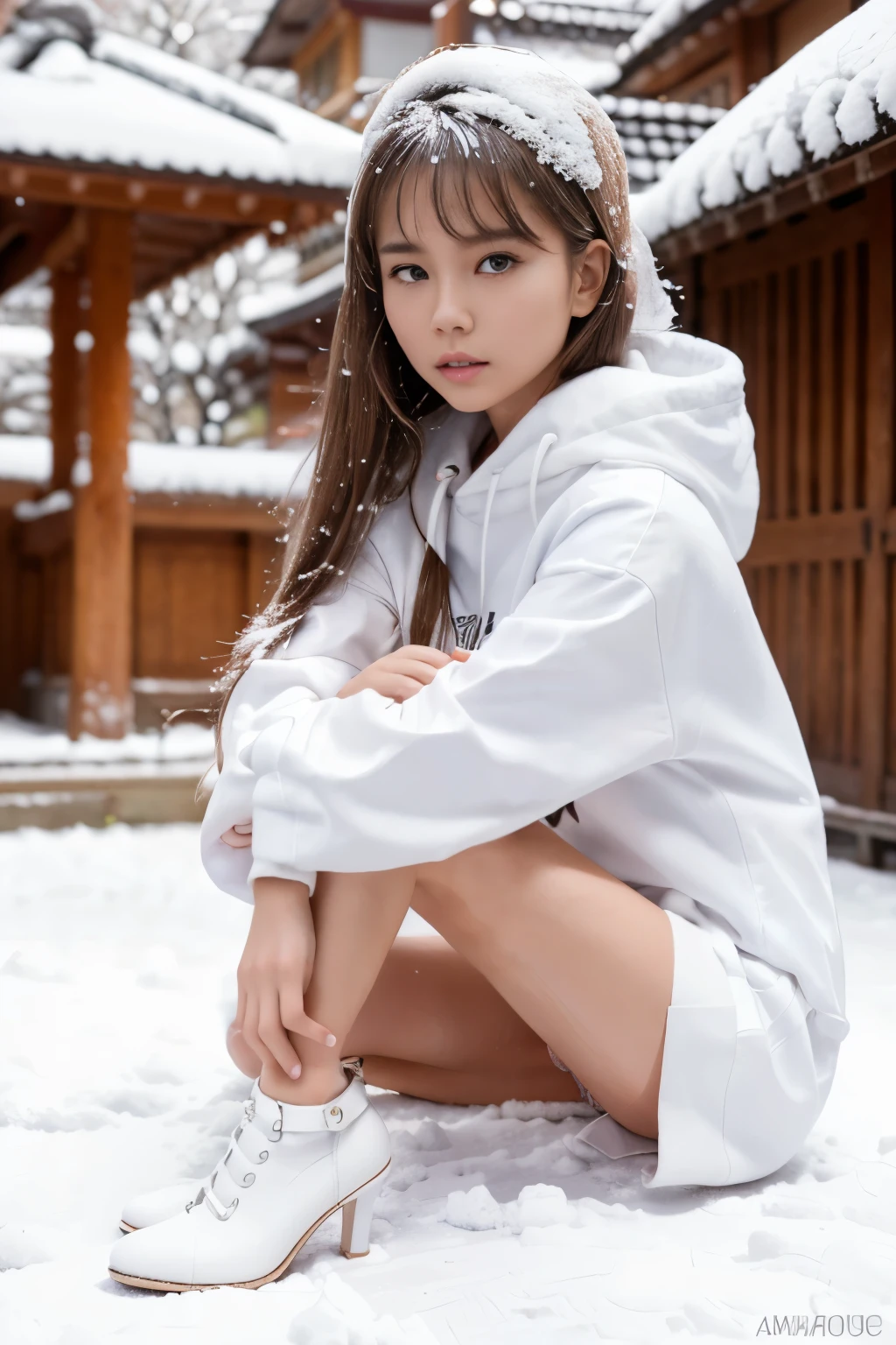 arafed woman sitting on the ground in a white shirt and high heels, in white clothes, beautiful girl model, beautiful model girl, beautiful asian girl, japanese model, anna nikonova aka newmilky, pretty face with arms and legs, in the snow, detailed white, gorgeous young korean woman, korean girl, in snow, 5 0 0 px models