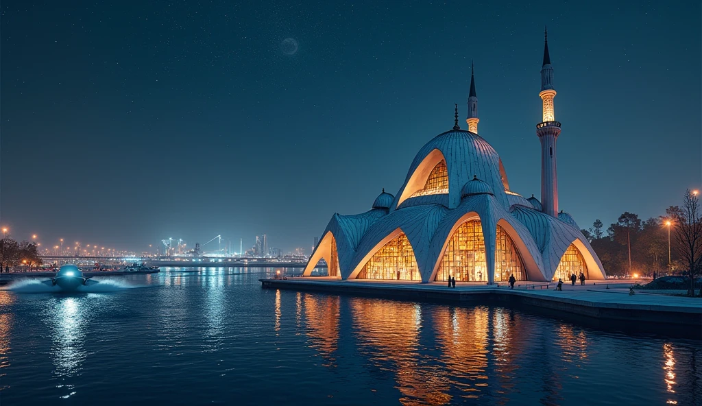 tiny futuristic mosque on the edge of a lake that is used for speedboat traffic, there is a port or speedboat terminal around the mosque, the lake is fenced with concrete so that it is easy for boats to pass around the mosque on a starry night, viewpoint inside the mosque