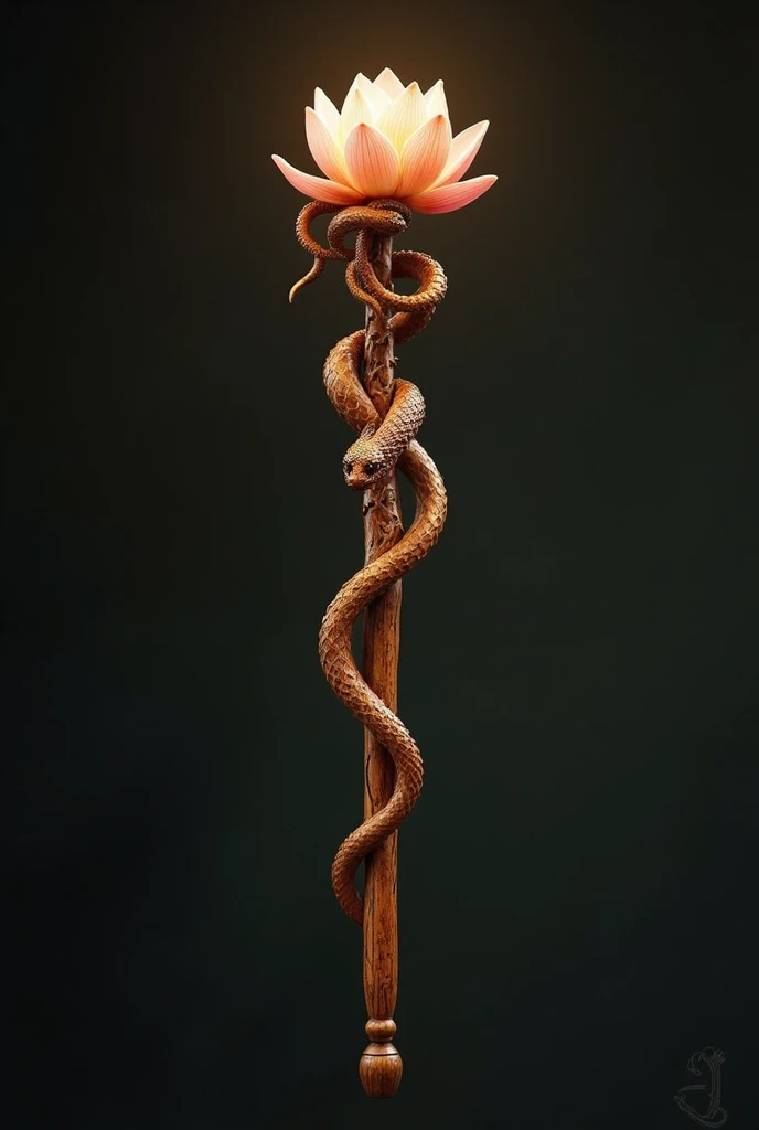 A wooden wand with carved details of a lotus flower and a wooden snake