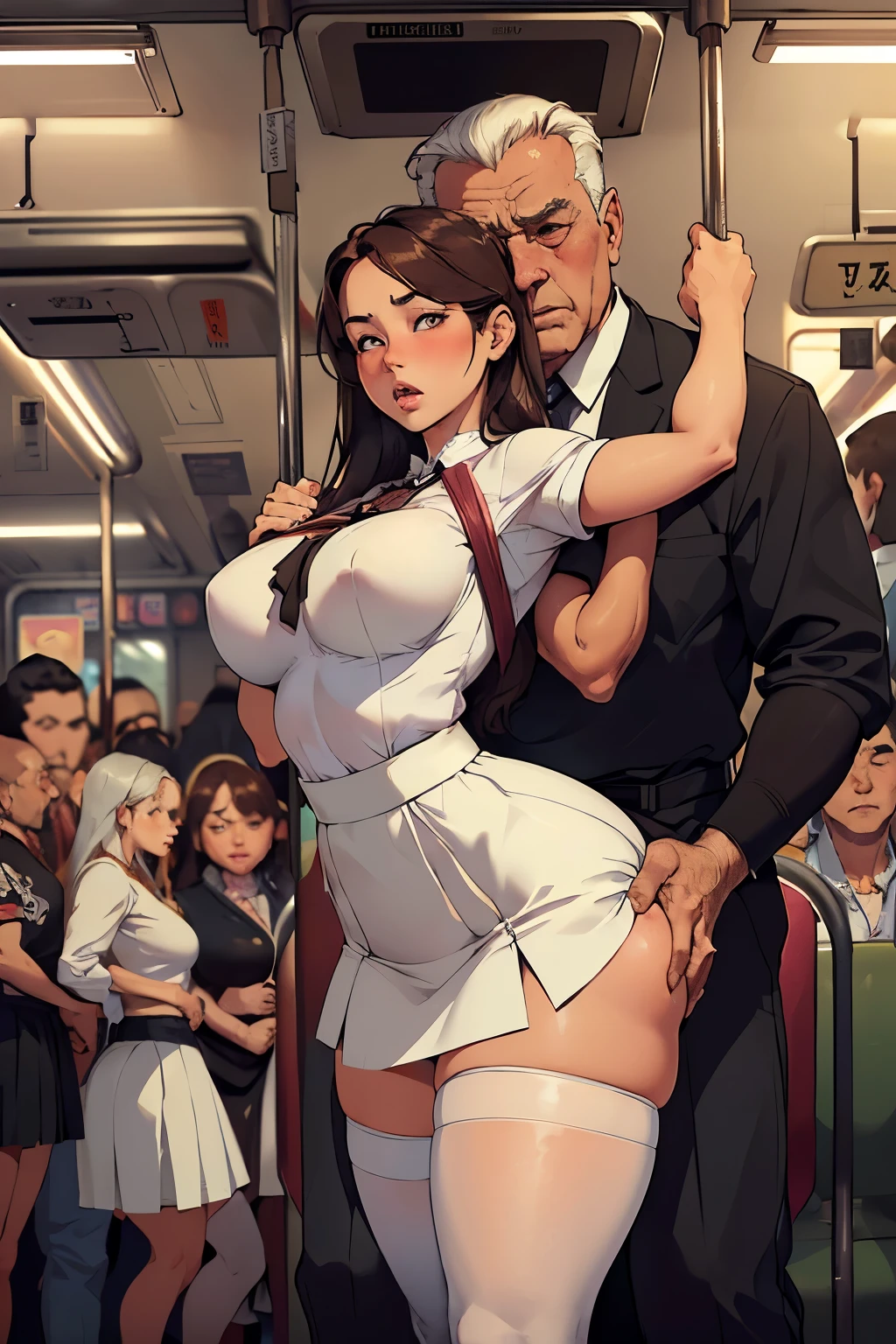 (SFW), ((photorealistic)), (masterpiece), (best quality:1.3), absurdness, [:intricate details1.3], SFW, realistic, masterpiece, (((VERY crowded subway train interior detailed scenario, VERY crowded subway train interior detailed background))), standing insanely hot (young small girl1) using sexy ((skirt)), ((behind skirt lifted)), ((3/4 white stockings)), ((big ass)), ((thick thighs)), ((fear expression)), (blushed face), (perfect body proportions)), old small man ass groping young small girl 1 from behind, (((old small man pressing his chest on young woman 1 back))) and (((holding her waist behind her)))