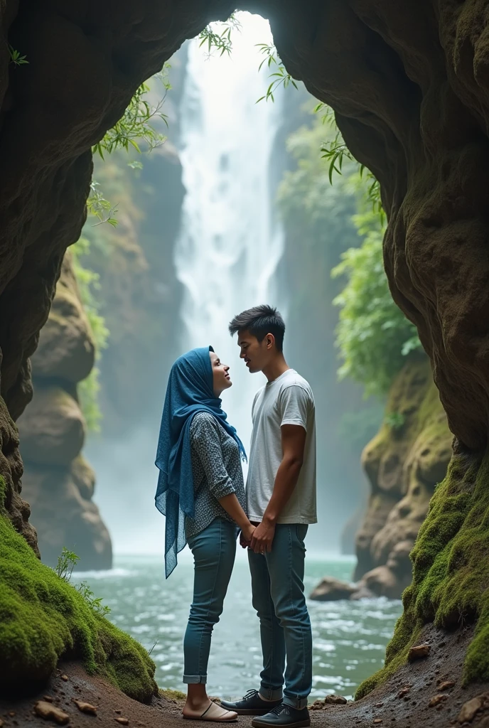 a beautiful Indonesian woman aged 25 years and a handsome handsome Indonesian man aged 29 years. are holding hands, a women smyling thinlh to camera, a men facing to the women with full love. Each of its backs is attached to a waterfall cliff forming like a cave entrance with gurgling water flowing on either side. men wear white t-shirts and short jeans. The woman wears light blue jeans with elbow-length sleeves, dark blue jeans and a blue patterned hijab. Against the backdrop of a waterfall cliff, several trees and small grass grow on a brown cliff where a small waterfall flows. realistic 8K 5D focus
