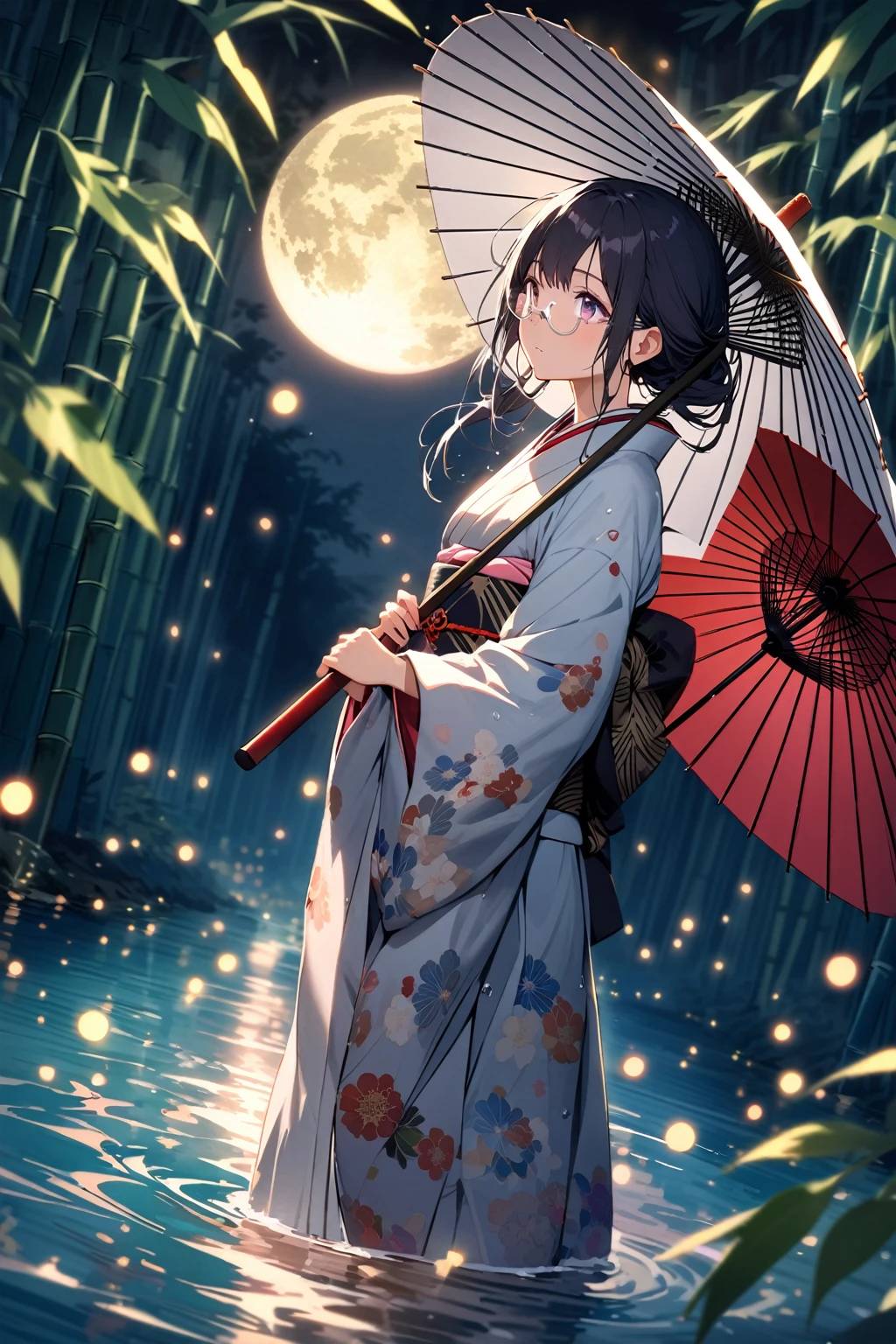 (extremely detailed fine touch:1.3), Vibrant colors, Soft tones, With warm and gentle lighting, (((silver semi-rimless eyewear:1.3))), girl, solo, full body, (ancient Japanese noble, beautiful kimono, beautiful long black hair), glowing hair, looking up at the moon, (pearl white moon:1.3), holding an Japanese umbrella, splash of water, fireflies flying around, bamboo leaves are placed three-dimensionally in the foreground, shining wet ground, bamboo grove of japan,