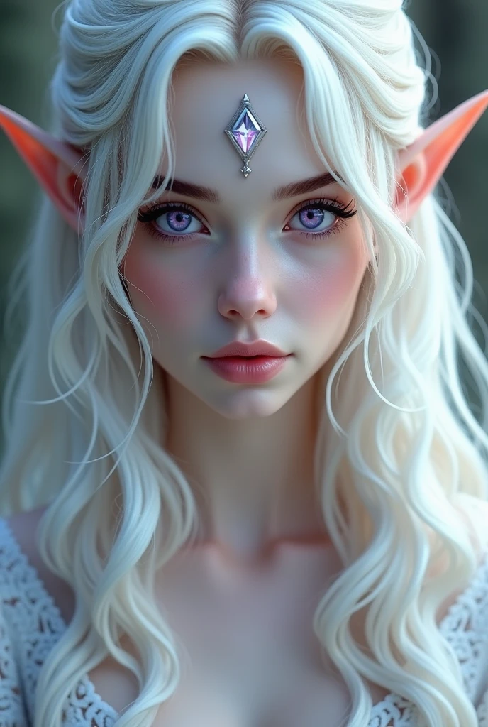 FEMALE with lilac eyes, platinum blonde hair but long and slightly curly and elf ears with a tony crystal diamond shaped SILVER gem on her forehead in the middle, pretty, sexy, fair skin