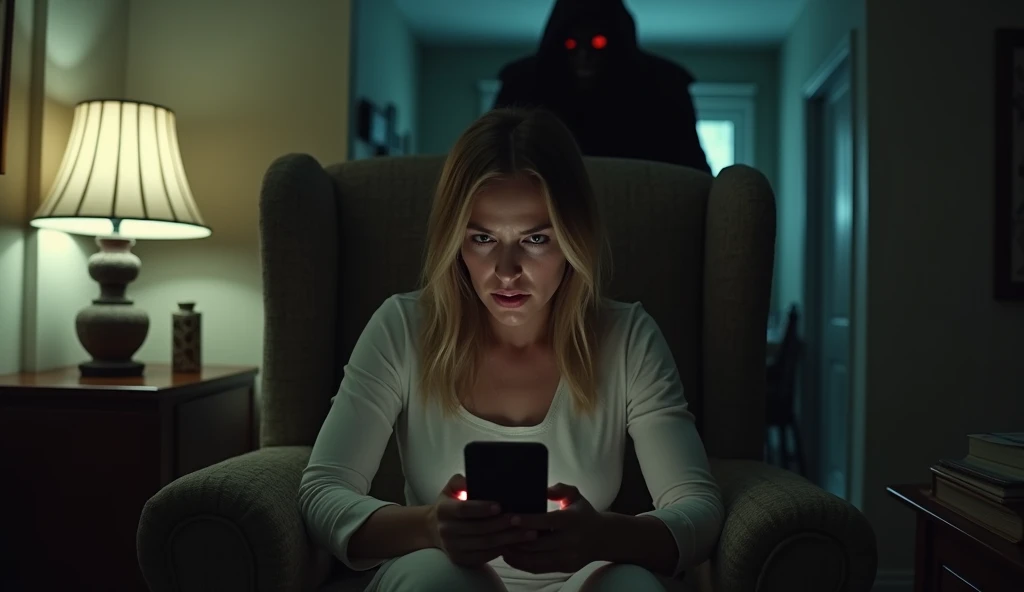 A woman sitting on an armchair in her living room staring in horror at her cell phone, while a dark and sinister presence watches her from behind with an ominous look